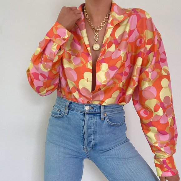 Vintage Tops - Vintage Silk Bright Geo Top Pink, Orange, Yellow